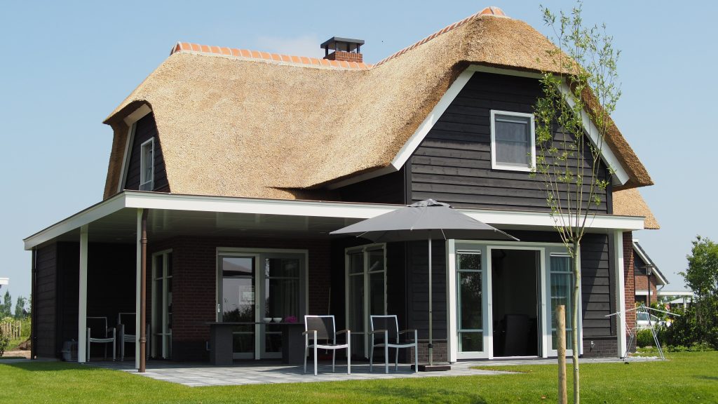 Cozy modern home with a thatched roof, showcasing architecture with rustic charm.